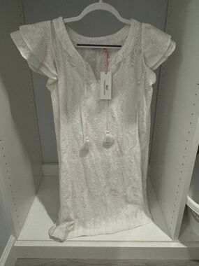 Vineyard Vibes White Palm Textured V-Neck Cover-Up Dress NWT XXS